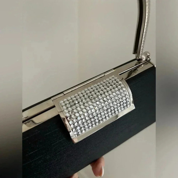 Vintage Hard Shell Evening Purse with Jeweled Clasp and Chain - Picture 6 of 11